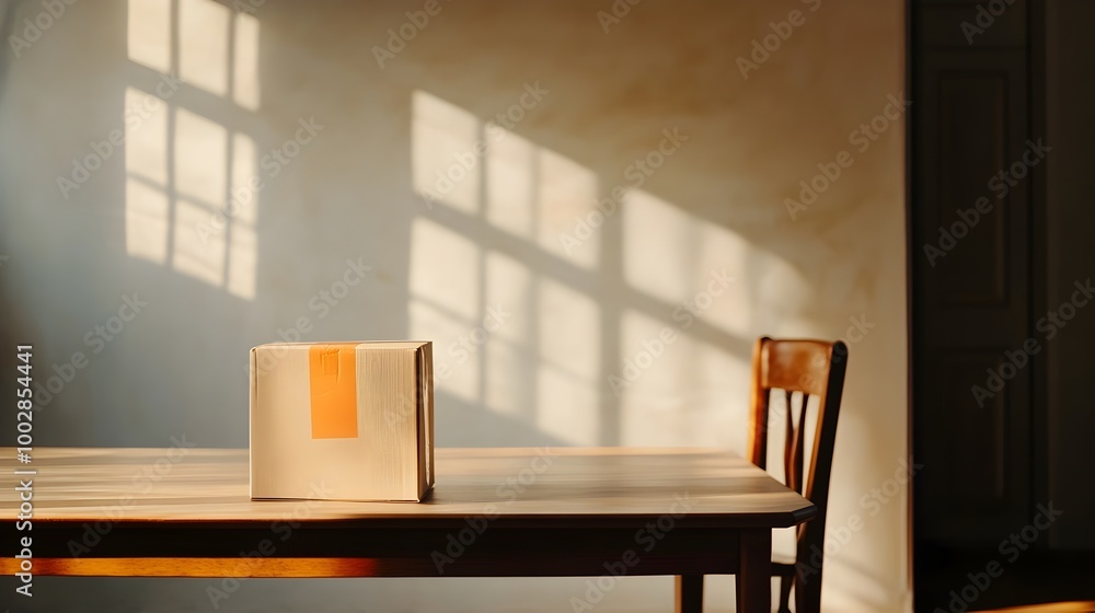 Poster packed and labeled cardboard box sitting on an empty wooden dining table with long shadows cast from