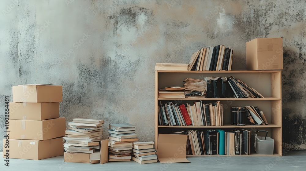 Aufkleber partially filled bookshelf with empty shelves books piled on the floor and nearby boxes waiting to b