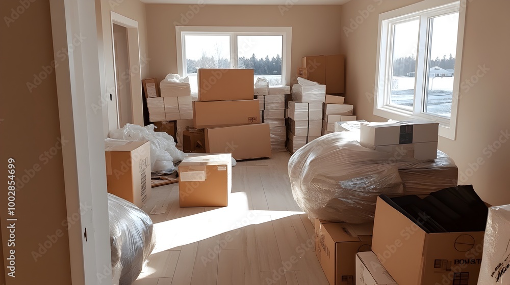 Poster partially packed room with covered furniture and stacked boxes a view of a half empty room with larg