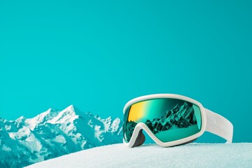 Minimalist white ski goggles reflecting a crisp mountain range, set against a clean blue background, capturing the essence of winter adventure