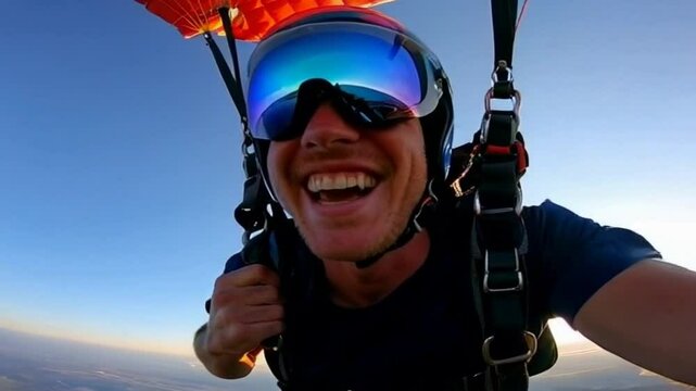 A young man is flying through the air with a parachute action cam skydiving . He is wearing a helmet and goggles. The sky is blue and clear
