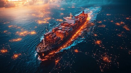 Show a high-tech cargo vessel sailing through a glowing digital representation of supply chain networks