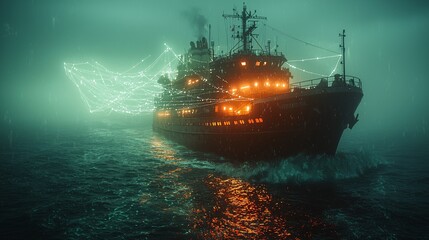 Fototapeta premium Capture a futuristic ship navigating trade routes projected as digital lines over the ocean, with logistics data displayed in real-time