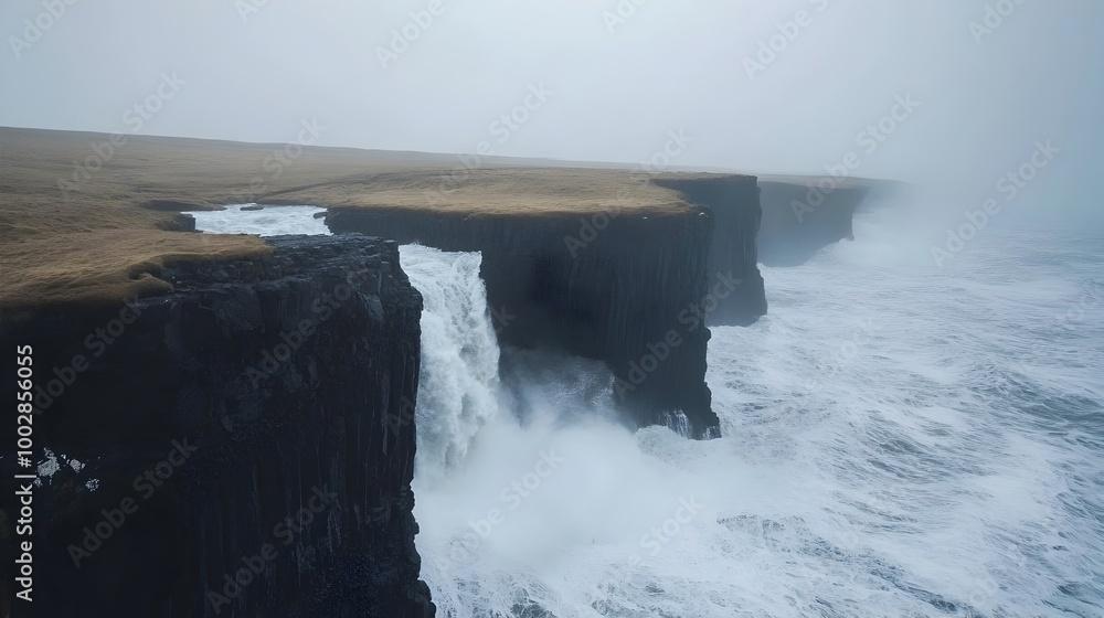 Aufkleber powerful waterfall crashing over a dramatic cliff creating a constant thundering roar as the water r