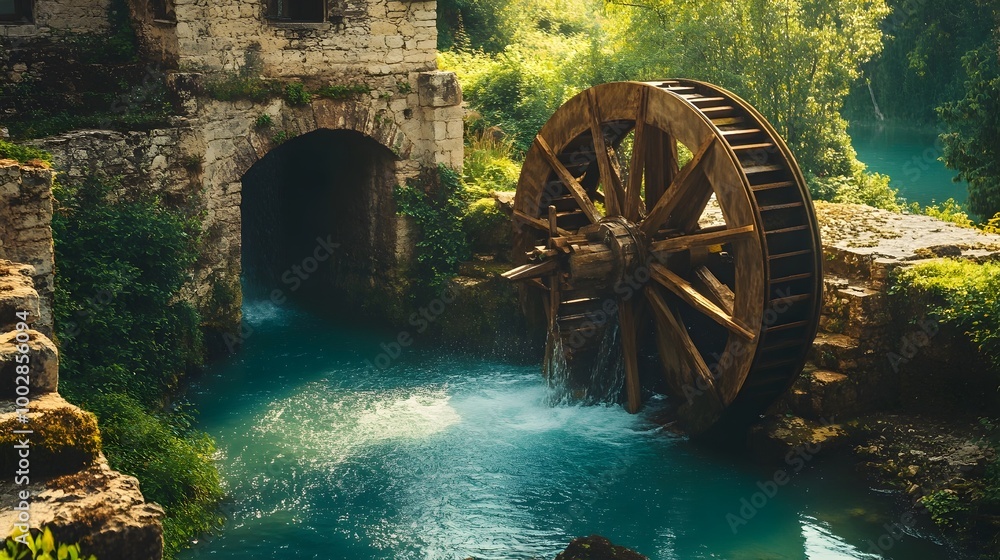 Poster powerful watermill spinning as a river flows through converting water s energy into mechanical power