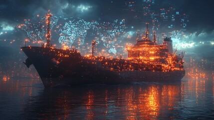 Fototapeta premium Show an advanced cargo ship traveling across seas while supply chain data streams and world maps light up the sky