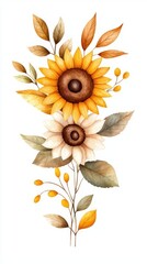 Beautiful watercolor illustration of sunflowers and leaves, perfect for home decor, invitations, and seasonal designs.