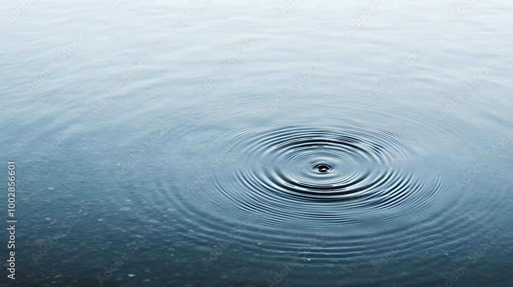 Poster Raindrops Gently Hitting the Smooth Surface of a Tranquil Lake Creating Mesmerizing Concentric Ripple Patterns that Expand Outward in a Serene Minimalist Landscape