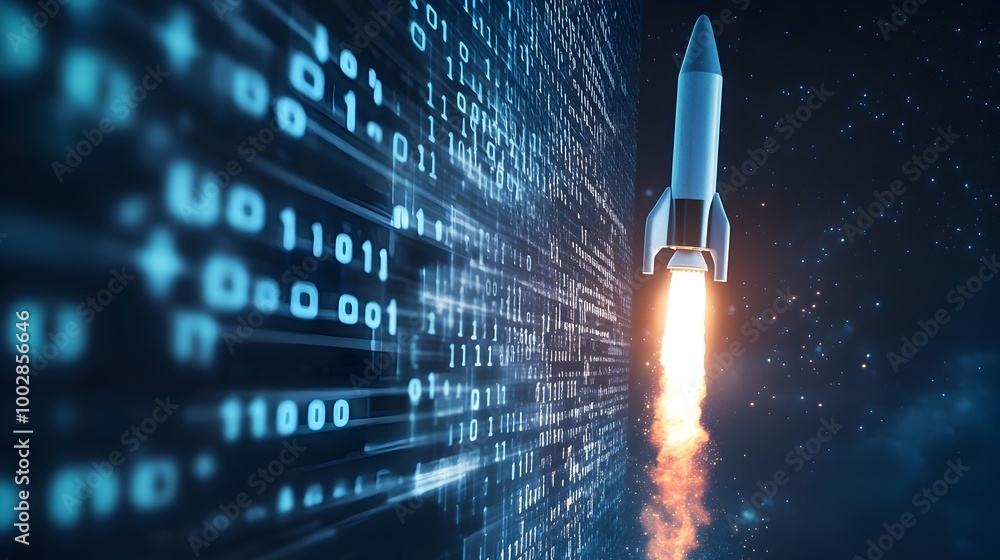 Poster Rocket launching upward trailing digital binary code instead of smoke symbolizing technological advancement and business innovation  Futuristic and abstract design representing progress development