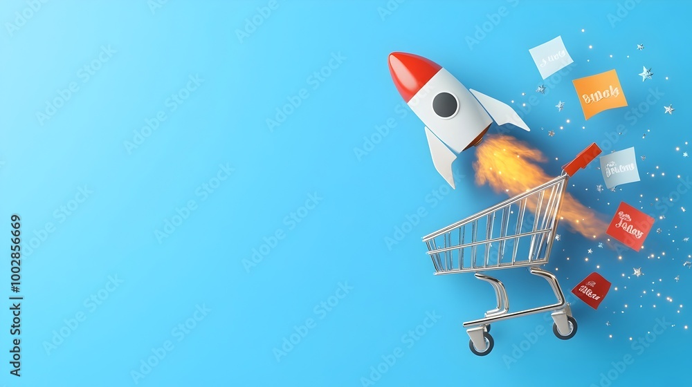 Aufkleber rocket powered shopping cart blasting off towards digital commerce success symbolizing the fast pace