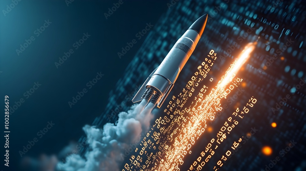 Fototapete Rocket Launching Upward into the Sky Trailing Digital Binary Code Instead of Smoke Symbolizing Technological Advancement and Business Innovation for Startups and Enterprises