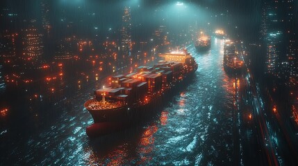 Show futuristic cargo ships utilizing satellite and AI-driven navigation to optimize global trade routes