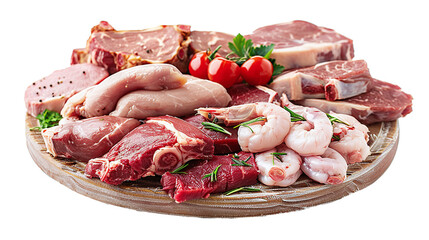 Assortment of meat, different raw meat isolated on white background. PNG