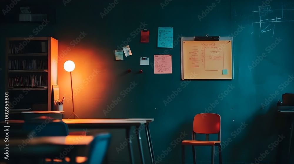 Aufkleber Serene and Minimalist Classroom Setting with Soft Lighting Neatly Arranged Educational Materials and a Calm Low Stimulus Environment Promoting Focused Learning and Productivity