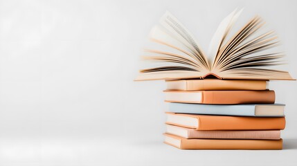 Fototapeta premium Neat stack of books with an open book on top against a white background.