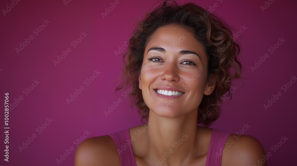 Canvas Prints Closeup of a woman with brown curly hair, smiling brightly against a vibrant magenta background.