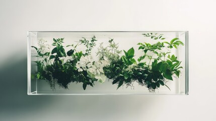 Amazonian flora and exotic plants sealed within a sleek transparent box, floating against a white background. A visual concept of preserving nature in a modern, packaged form.