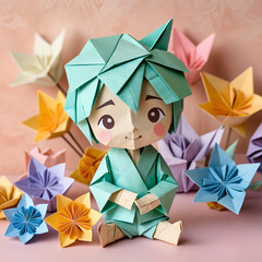 An origami a Cute boy in a graceful pose with intricate folds in detail.