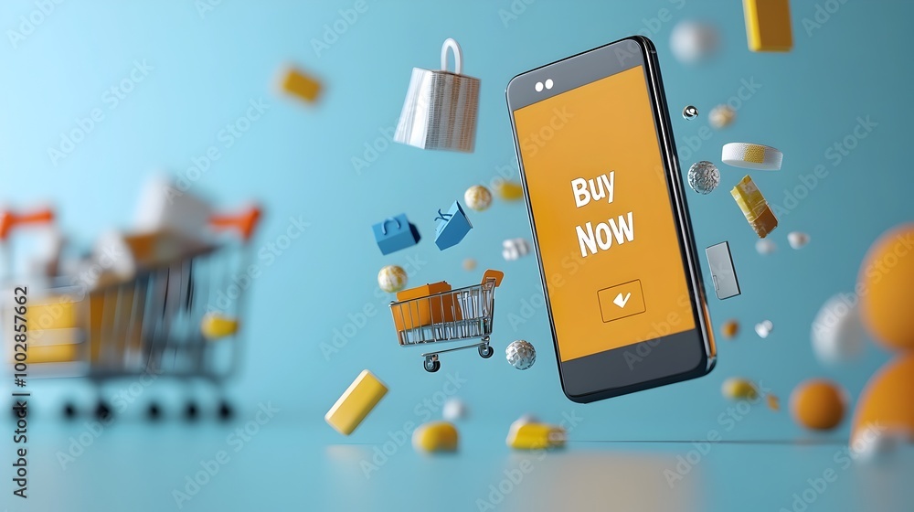 Poster smartphone screen displaying a prominent buy now button with various products flying out of the scre
