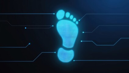 glowing blue digital footprint against a dark background with circuit lines branching out from it