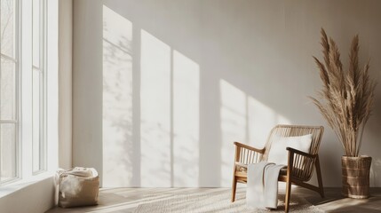 Sunlight floods a tranquil space, casting soft shadows across a minimalist interior. A cozy chair sits invitingly beside a beautifully arranged plant, creating a peaceful atmosphere