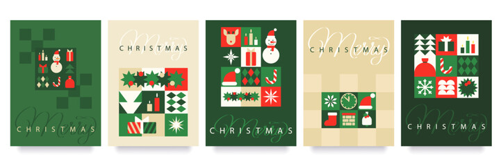Merry Christmas Set of greeting card, poster, holiday cover. Modern Xmas design in simple geometric style in green, red, beige colors for ads, sales, print, season greetings, invitations