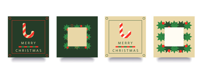 Merry Christmas greeting card, front and back, poster, cover. Modern Xmas square design in simple geometric style in green, red, beige colors for ads, sales, print, season greetings, invitations