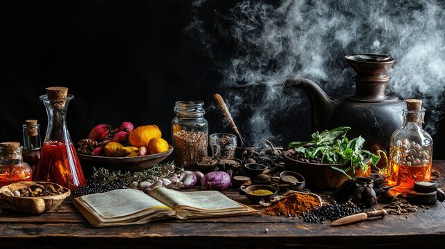 a witches potion table full of strange ingredients as told in fairy tales on a wooden table for making spells. Black Background and exotic ingredients