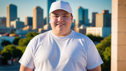 Plus size teenage boy wearing white t-shirt and white baseball cap standing on cityscape background