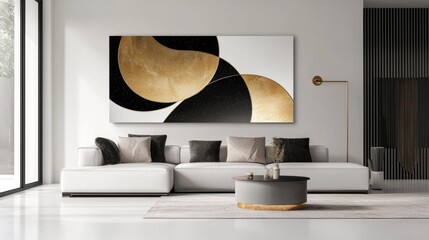 Elegant modern living room with abstract gold and black artwork.