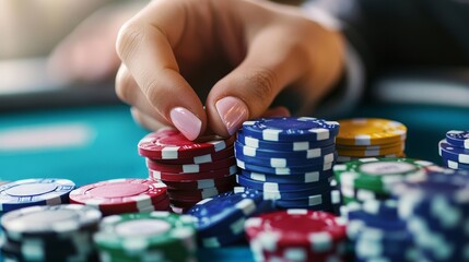 Fototapeta premium A hand places colorful poker chips on a green table, highlighting the excitement and strategy involved in casino gaming.