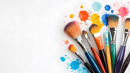 Fototapeta premium Artistic paintbrushes with dynamic splashes of color on a minimalist backdrop.