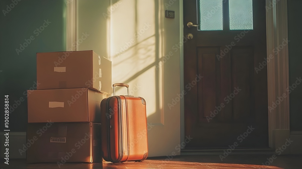 Aufkleber Suitcase and stacked moving boxes situated by the open front door with soft lighting streaming in and casting shadows on the floor signifying a residential relocation or move in process