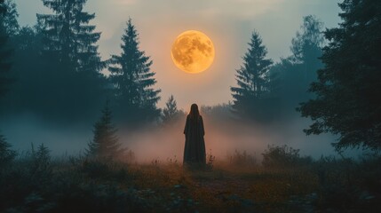 In a tranquil forest, a pagan priestess gazes at a vibrant full moon, surrounded by mist and silhouetted trees, capturing the essence of mysticism and nature