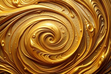 Fluid golden swirl close-up with metallic sheen and sparkling effect