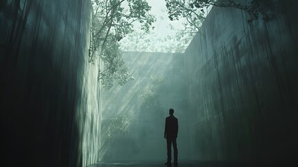 Solitary Figure Emerges from Mysterious Fog-Shrouded Forest
