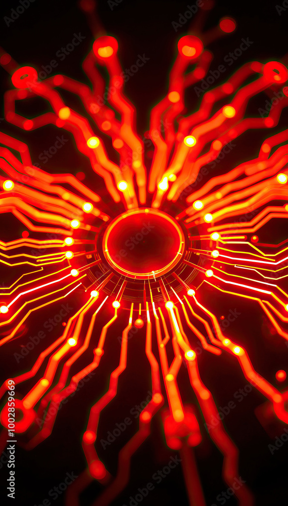 Poster advance futuristic circuit red orange glowing energy sphere with radial electric lines vertical form