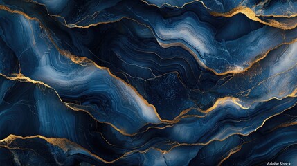Abstract background of blue and gold marble, featuring flowing textures in deep navy tones with white veins, accented by golden lines on the edges,