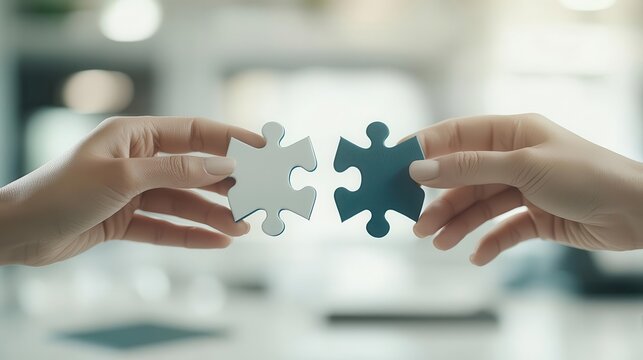 Merger acquisition integration concept. Hands merging two puzzle pieces that form a corporate logo, close-up of integration and synergy.