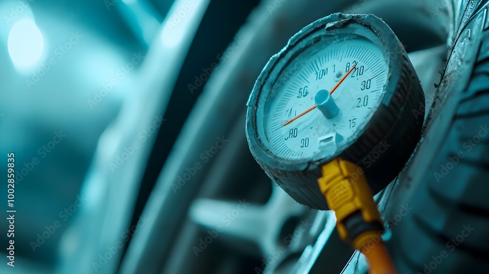 Poster tire inflator being used to refill a newly patched tire with the gauge showing rising air pressure e