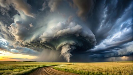 A dramatic photo of a massive tornado ripping through a wide landscape