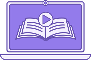 Colored Online Course Icon. Vector Icon. Laptop, Open Book, and Play Sign. Distance Learning, Online School, E-Learning. Online Education Concept