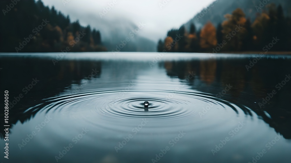 Poster Tranquil lake surface with expanding concentric ripples caused by gentle raindrops hitting the calm water creating a serene and mesmerizing natural pattern