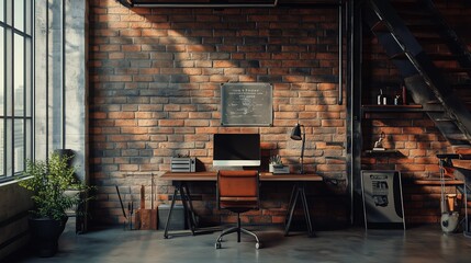 Cozy industrial workspace with wooden desk, modern computer, and natural light streaming through large windows