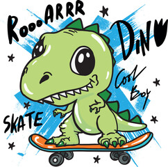  dinosaur on skateboard. Typography print for kids  . Original design with t-rex, dinosaur. print for T-shirts, textiles, wrapping paper, web. 