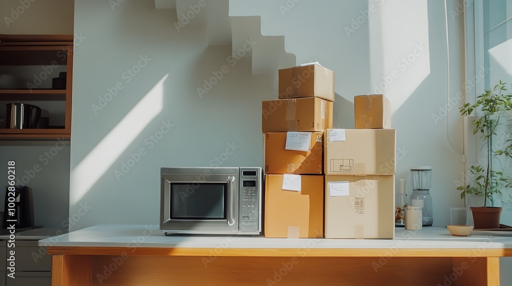 Poster unplugged kitchen appliances and stack of labeled moving boxes on the floor of an empty kitchen inte
