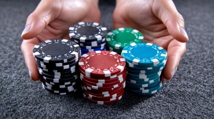 Naklejka premium A pair of hands holds multiple stacks of colorful poker chips on a textured surface, showcasing a mix of colors for gaming.