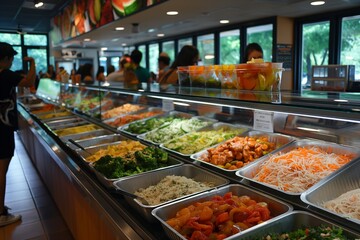 Obraz premium A vibrant cafeteria offering a fresh, colorful self-serve buffet with various healthy food options.