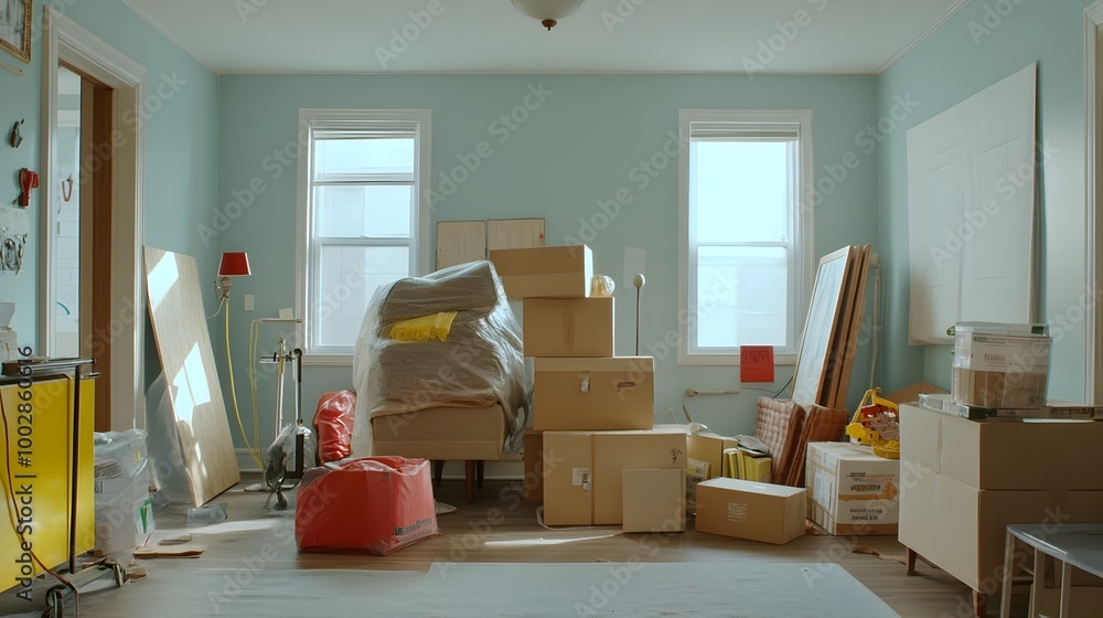 Aufkleber View of a half empty room with large furniture pieces covered in moving blankets and a stack of boxes in the corner indicating a recent move or storage situation  The sparse