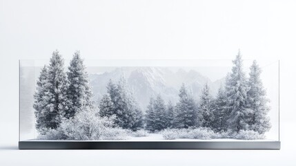 Fototapeta premium Snow-dusted Himalayan pines and forest floor encapsulated in a sleek, transparent casing, set against a white backdrop, presenting the idea of preserving remote natural environments.